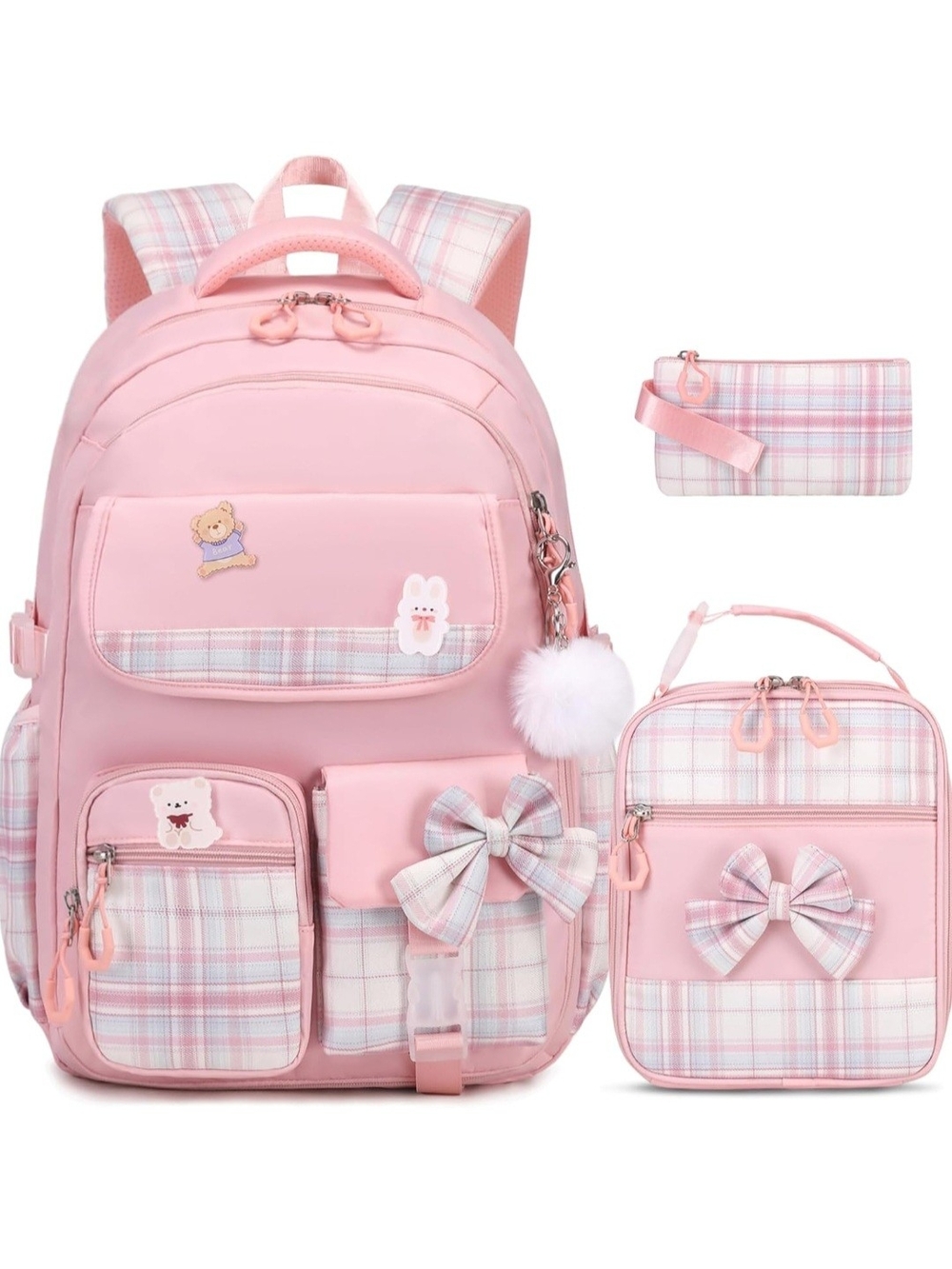 3pc Pink Plaid Girls School Backpack Set w/ Lunch Bag & Pencil Case Bow & Charms